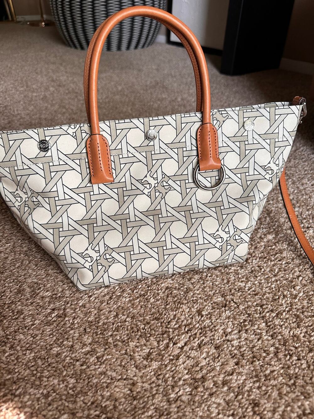 Tory Burch Nylon Canvas Basketweave Logo Small Tote Bag Leather Detail ~ New!